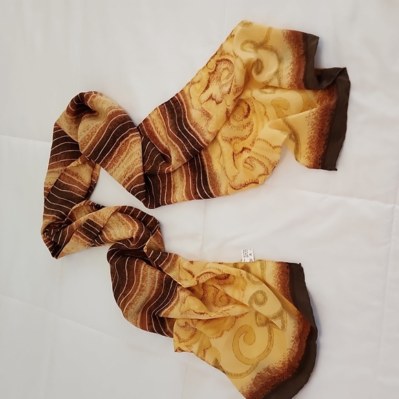 Gold & Brown Silk Rectangular Scarf about 13" x 65" - Picture 3 of 4